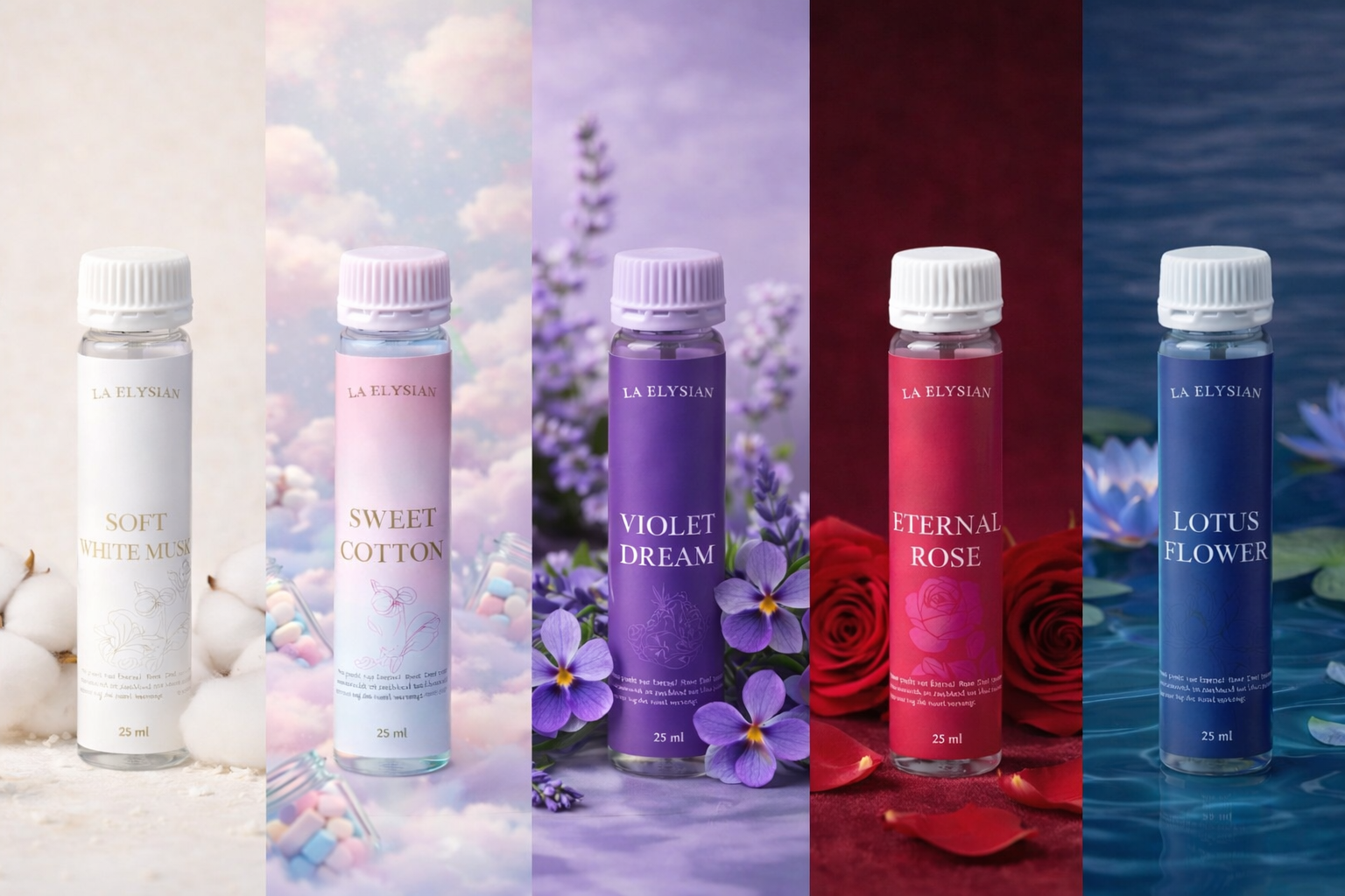 Set di campioni di profumo per bucato Elysian Home – 5 x 25 ml